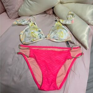 Victoria's Secret Floral Triangle Top with Neon Pink Bottoms w yellowmix straps